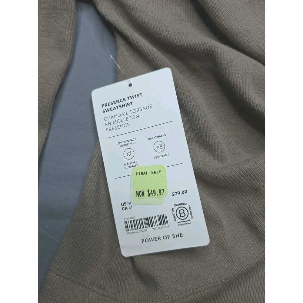 NWT Athleta Presence Twist Sweatshirt  M Lower Impact Materials Breathble Beige